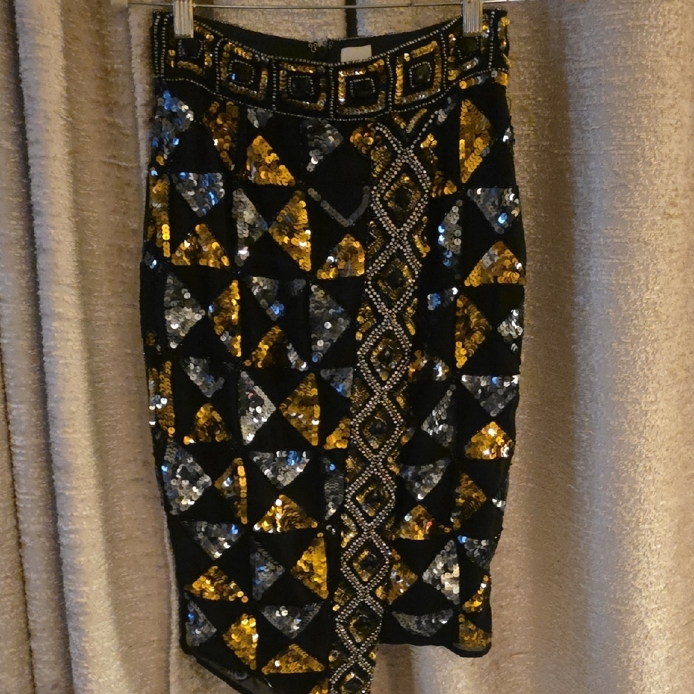 River Island Black Pencil Skirt with Gold & Silver Sequin Detail
